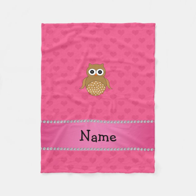 Personalized name brown owl pink hearts fleece blanket (Front)