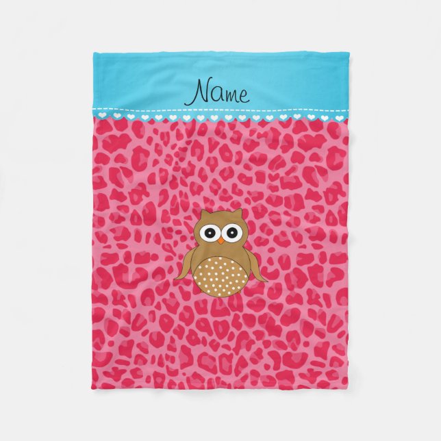 Personalized name brown owl pink leopard fleece blanket (Front)
