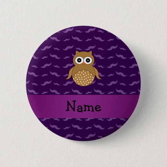 Personalized name brown owl purple moustaches 2 inch round button (Front)