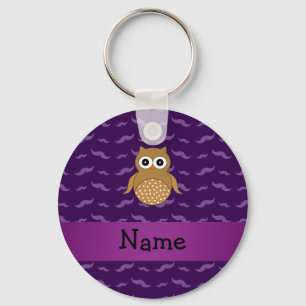 Personalized name brown owl purple moustaches keychain