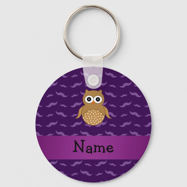 Personalized name brown owl purple moustaches keychain (Front)