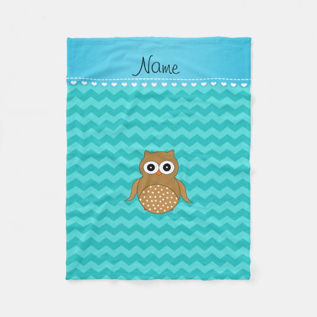 Personalized name brown owl turquoise chevrons fleece blanket (Front)