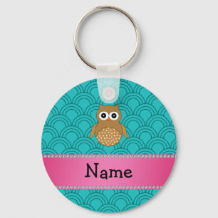 Personalized name brown owl turquoise half circles keychain