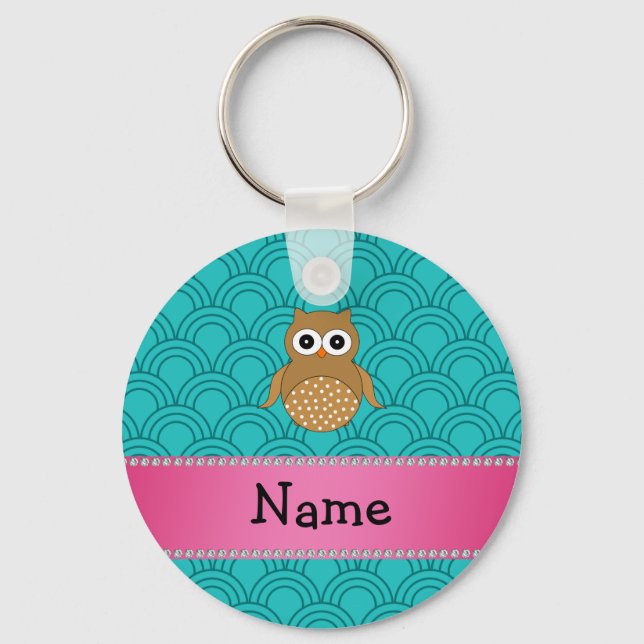 Personalized name brown owl turquoise half circles keychain (Front)