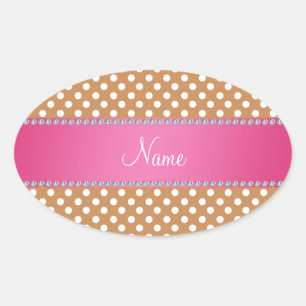 Personalized name brown polka dots pink stripe oval sticker