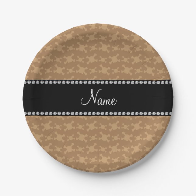 Personalized name brown skulls pattern paper plate (Front)