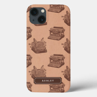 Personalized Name Brown Vintage Typewriter Pattern iPhone 13 Case