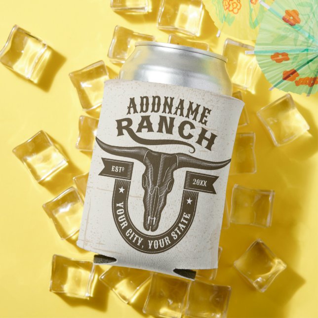 Personalized NAME Bull Steer Skull Western Ranch Can Cooler (In Situ Summer)