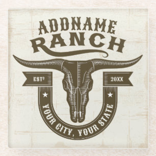 Personalized NAME Bull Steer Skull Western Ranch Glass Coaster