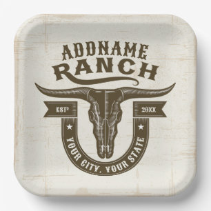 Personalized NAME Bull Steer Skull Western Ranch Paper Plate