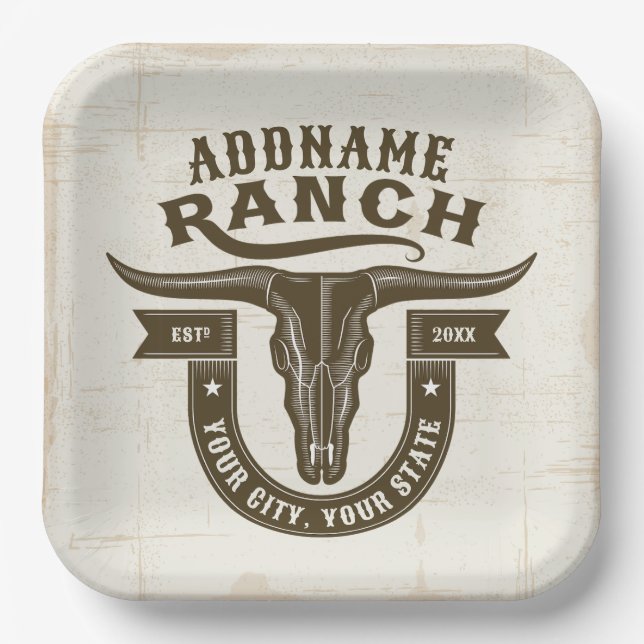 Personalized NAME Bull Steer Skull Western Ranch Paper Plate (Front)