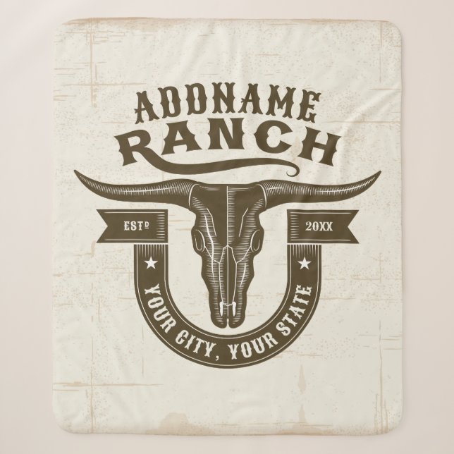 Personalized NAME Bull Steer Skull Western Ranch Sherpa Blanket (Front)