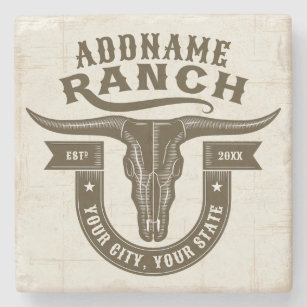 Personalized NAME Bull Steer Skull Western Ranch Stone Coaster