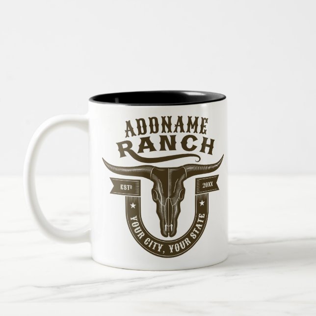 Personalized NAME Bull Steer Skull Western Ranch Two-Tone Coffee Mug (Left)