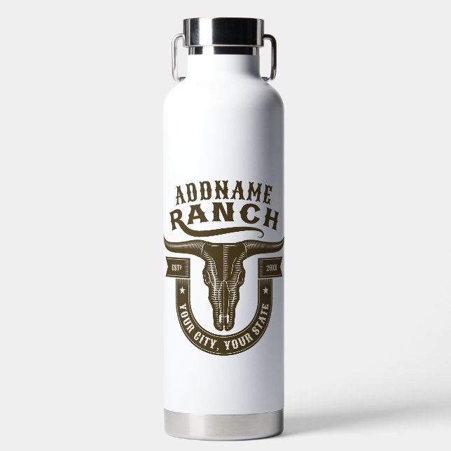 Personalized NAME Bull Steer Skull Western Ranch Water Bottle (Front)