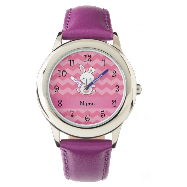 Personalized name bunny pink chevrons watch (Front)