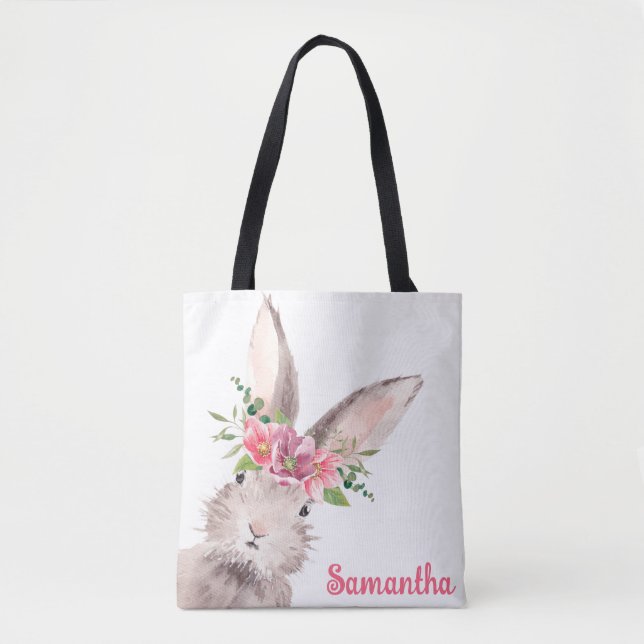 Personalized Name Bunny Rabbit Girl pink Tote Bag (Front)