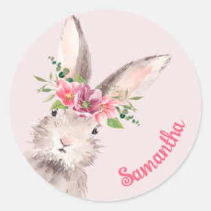 Personalized Name Bunny Rabbit pink handwritten  Classic Round Sticker