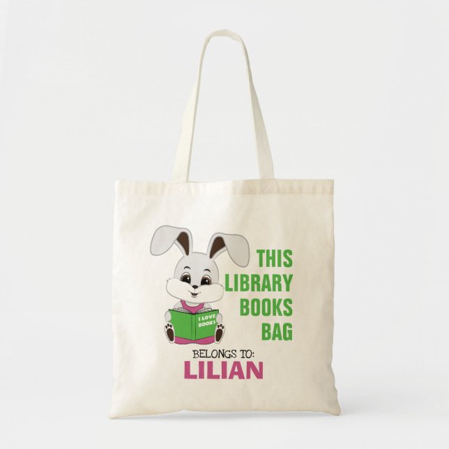 Personalized Name Bunny Reading Library Tote Bag  (Front)