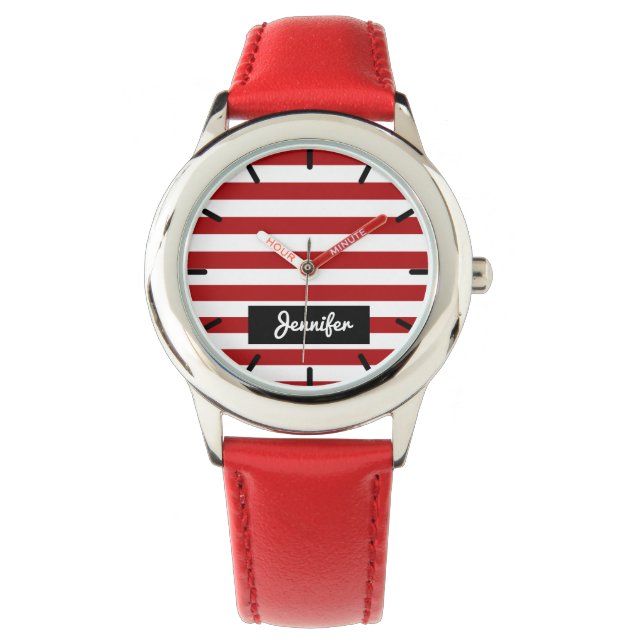 Personalized Name Burgundy Red Solid Stripes Girls Watch (Front)