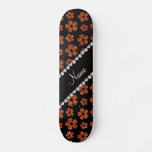 Personalized name burnt orange glitter flowers skateboard (Front)