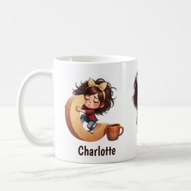Personalized Name & C Sleepy Morning Plaid Charact Coffee Mug (Left)