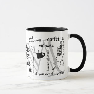 personalized name caffeine collage black mug