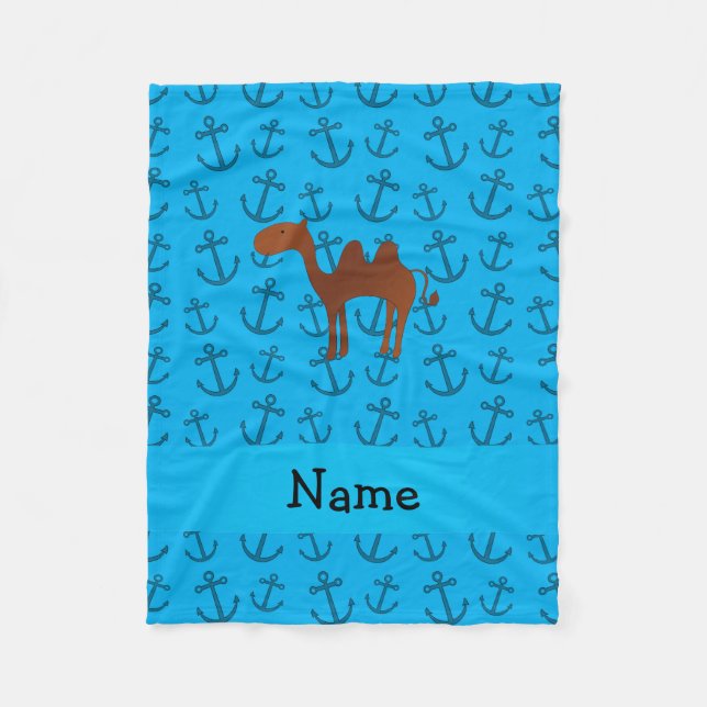 Personalized name camel blue anchors pattern fleece blanket (Front)