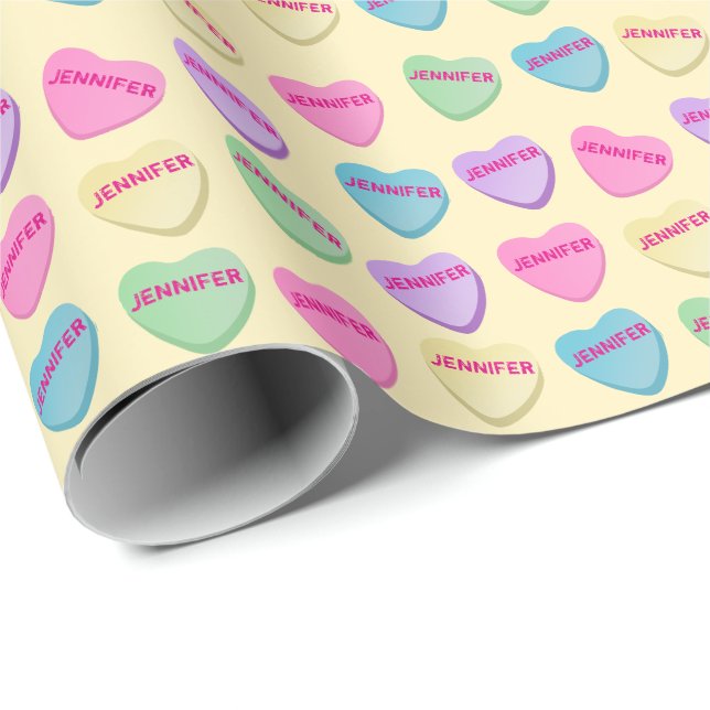 Personalized Name Candy Hearts - Yellow Wrapping Paper (Roll Corner)