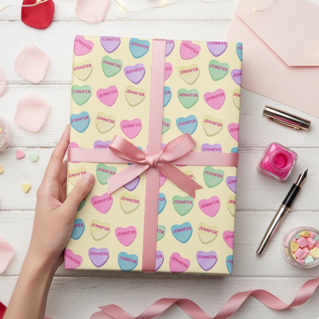 Personalized Name Candy Hearts - Yellow Wrapping Paper (Personalized Candy Heart Conversation Heart wrapping paper for Valentine's Day or Galentine's Day)