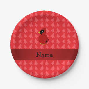 Personalized name cardinal red christmas trees paper plate