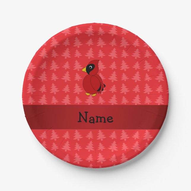 Personalized name cardinal red christmas trees paper plate (Front)