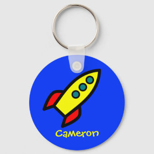 Personalized Name - Cartoon Rocket Ship Keychain