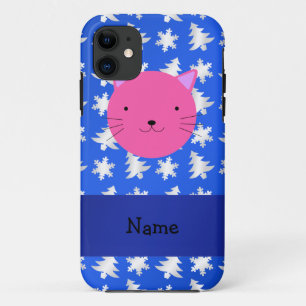 Personalized name cat blue snowflakes trees iPhone 11 case