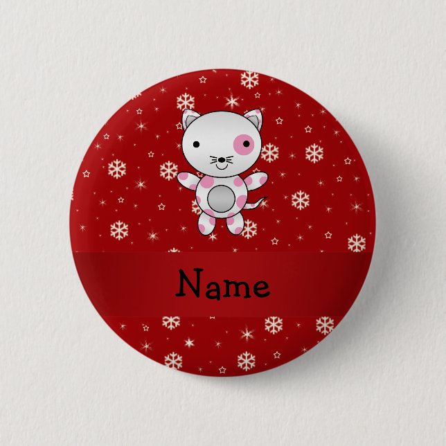 Personalized name cat red snowflakes 2 inch round button (Front)
