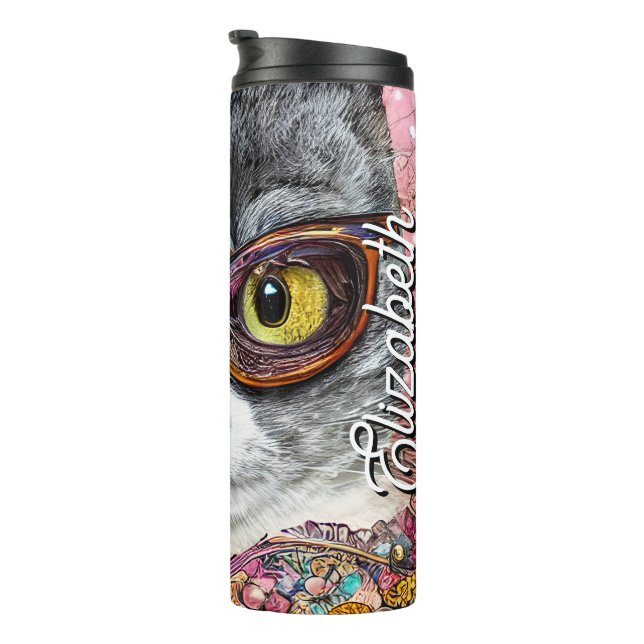Personalized Name Cat With Glasses Thermal Tumbler (Rotated Right)