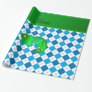 Personalized name chameleon blue argyle wrapping paper