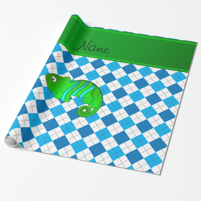 Personalized name chameleon blue argyle wrapping paper (Unrolled)