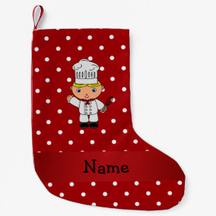 Personalized name chef red white polka dots small christmas stocking