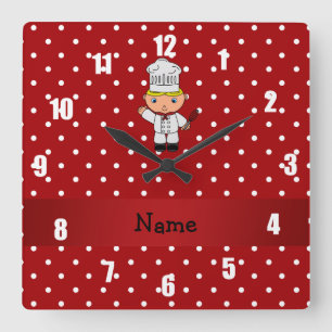 Personalized name chef red white polka dots square wall clock