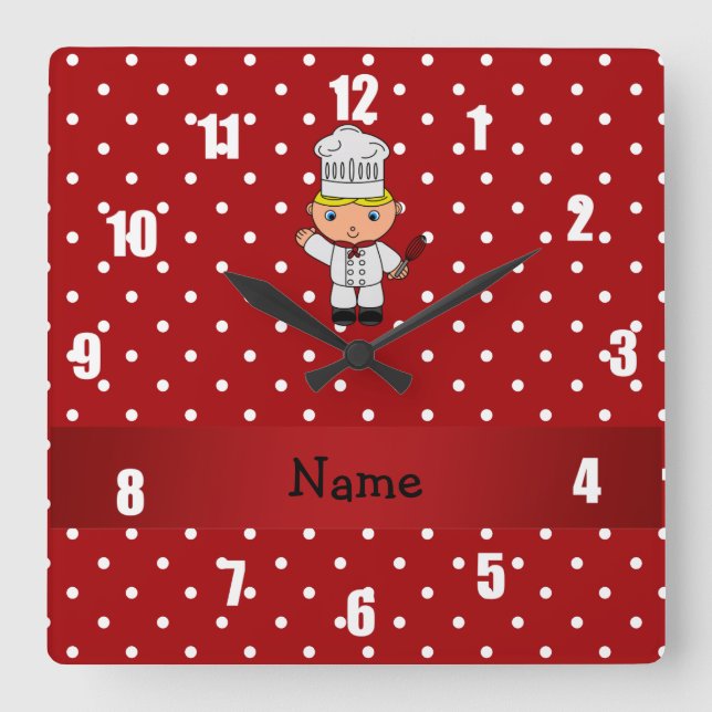Personalized name chef red white polka dots square wall clock (Front)
