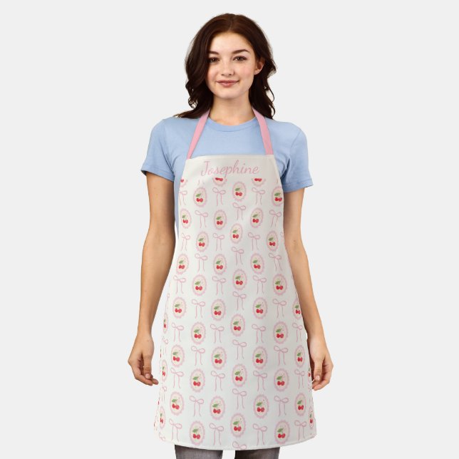 Personalized Name Cherries Coquette Bow Pink Apron (Worn)