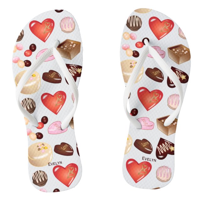 Personalized Name Chocolate Candy Heart Pattern Flip Flops (Footbed)