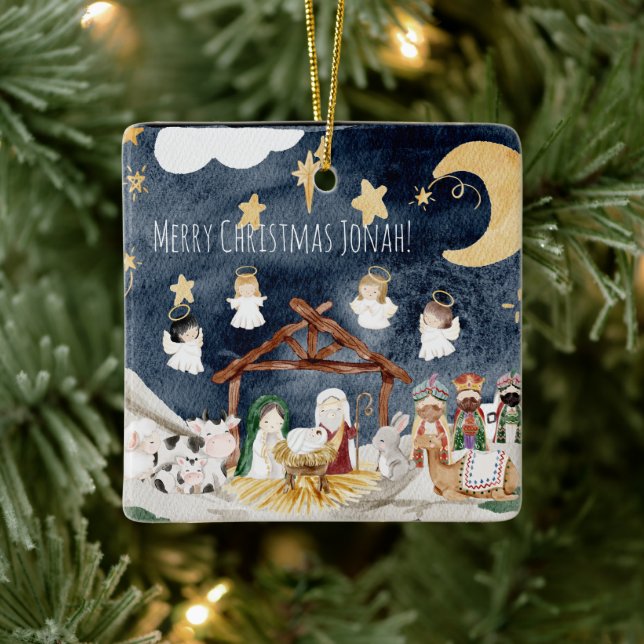 Personalized Name Christian Kids Christmas Ceramic Ornament (Tree)