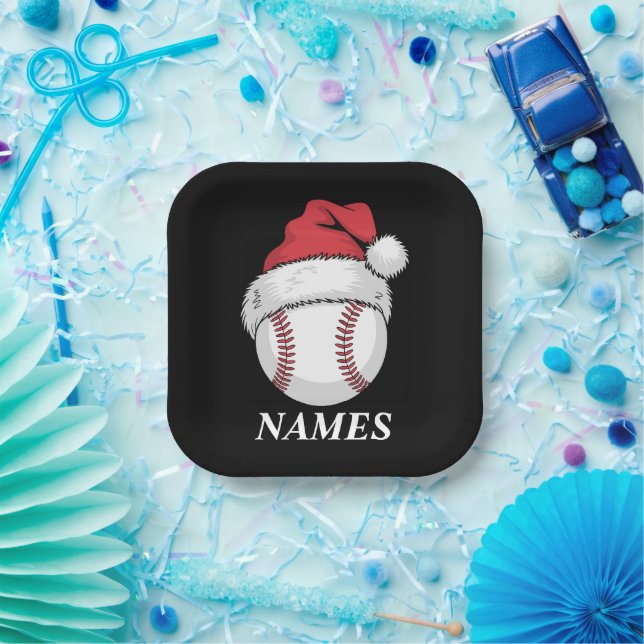 Personalized Name Christmas Baseball Santa Hat Paper Plate (Party)