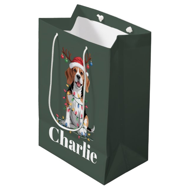 Personalized Name Christmas Beagle Dog Lover Medium Gift Bag (Front Angled)