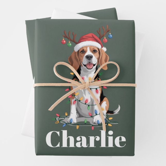 Personalized Name Christmas Beagle Dog Lover Wrapping Paper Sheet (In situ)