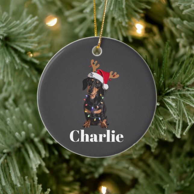 Personalized Name Christmas Dachshund Dog Lights Ceramic Ornament (Tree)