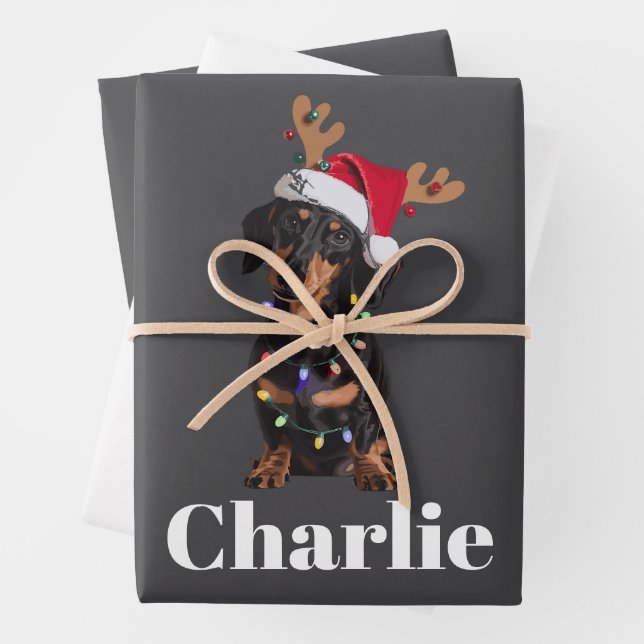 Personalized Name Christmas Dachshund Dog Lights Wrapping Paper Sheet (In situ)