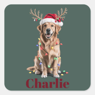 Personalized Name Christmas Golden Retriever Dog Square Sticker